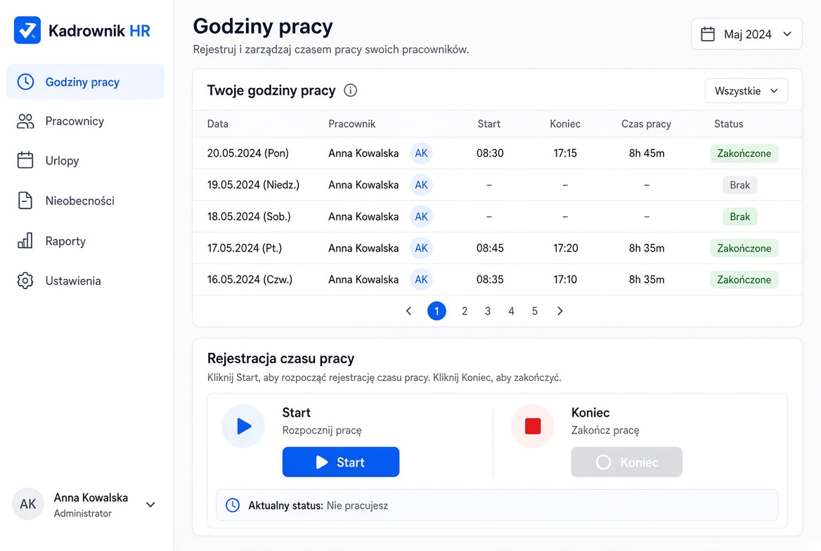 Godziny pracy z przyciskami Start i Koniec